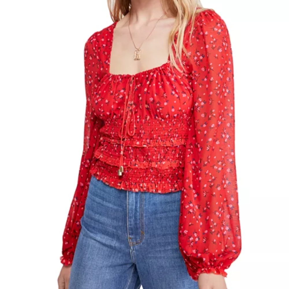 Free People Women's Red Lolita Floral Peasant Top Size Small